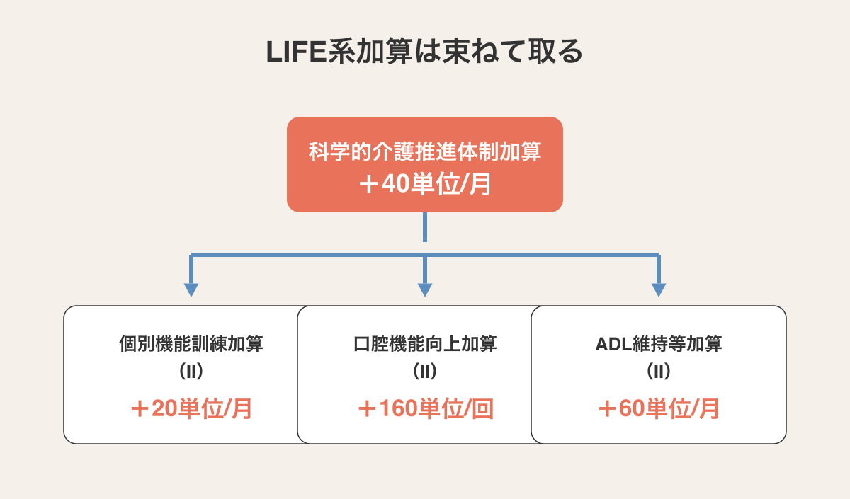 科学的介護推進体制加算+40単位を中核に、個別機能訓練加算Ⅱ・口腔機能向上加算Ⅱ・ADL維持等加算ⅡをLIFEで束ねて取る設計図