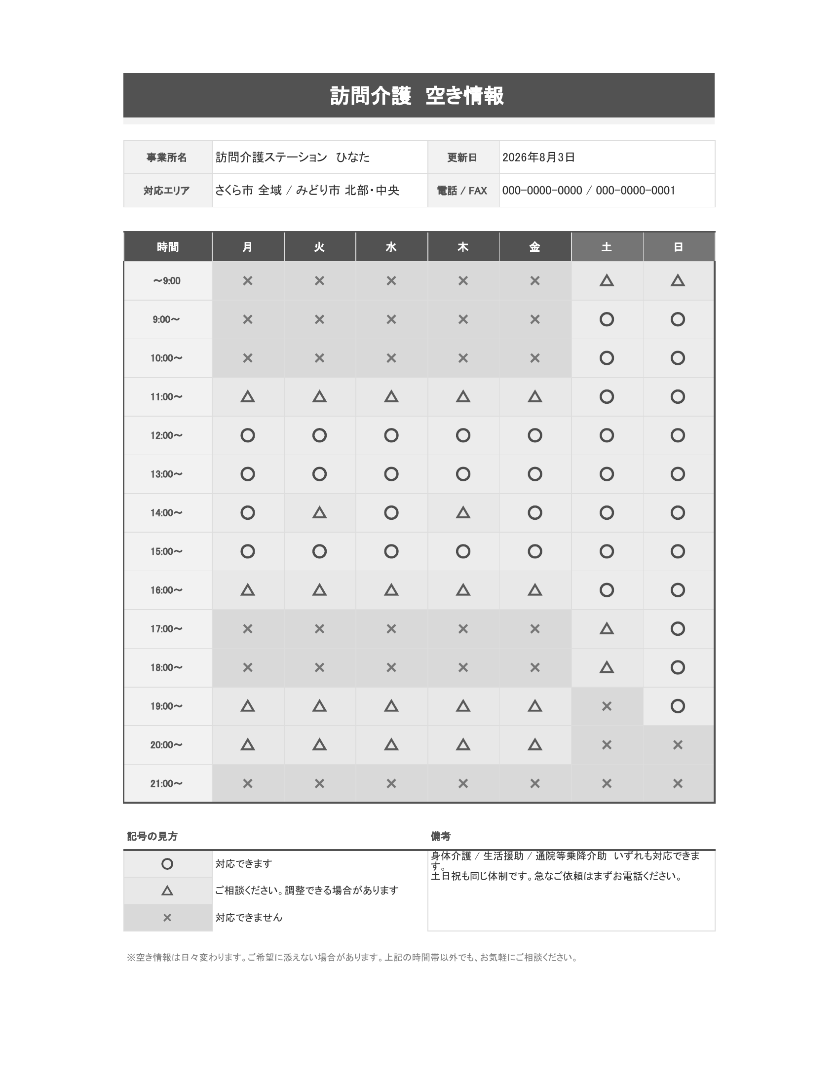 同じ空き情報テンプレートを白黒にした状態。○は白に近い薄いグレー、△は中間のグレー、×は濃いグレーと、色を抜いても濃さの三段階で空き状況が判別できることを示す。