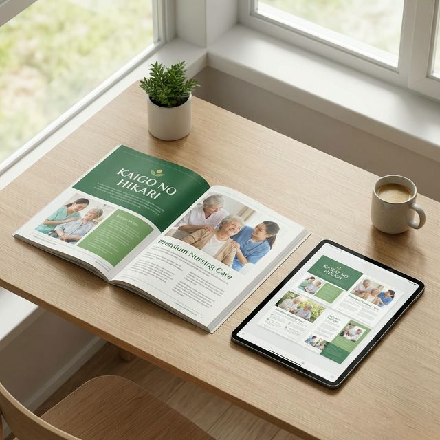 「かいごのヒカリ」サービス紹介資料（全24ページ）のモックアップ画像。介護特化の制作の強みや料金プラン、導入事例を掲載しています。