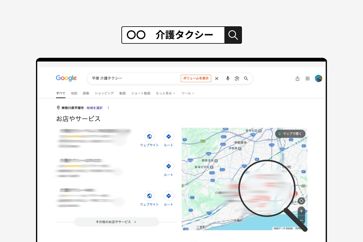 「◯◯市 介護タクシー」で検索したときの検索結果の表示イメージ